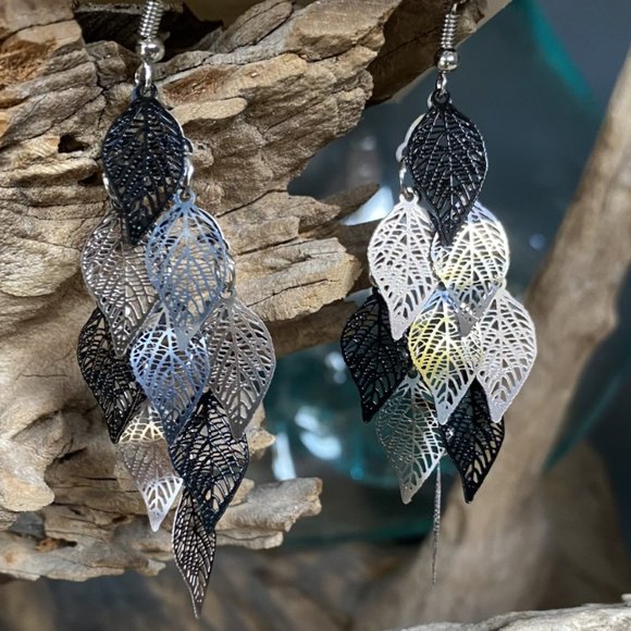 NWT- Metal Silver and Black Fall Leaf Dangle Earrings 3'x1' NWT - Picture 2 of 4